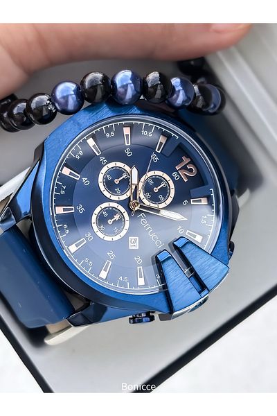 Ferrucci Dark Blue Silicone Cord, Large Case (56mm) Sports Model Men's Wristwatch with Calendar + Bracelet