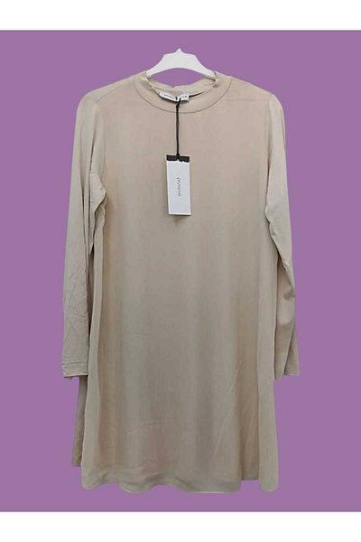 Puane Women's Crew Neck Long Sleeve Front Chiffon Detailed Beige Tunic / Undershirt 10269