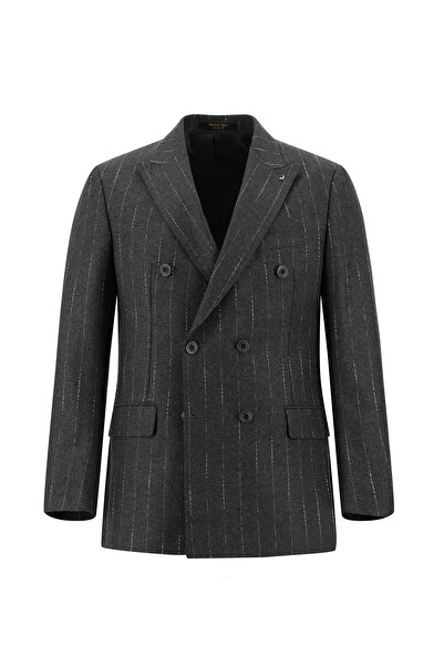 Abdullah Kiğılı Double Breasted Striped Jacket with Regular Fit Wool