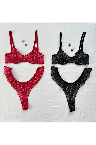 İNKO İÇ GİYİM Floral Underwire Tulle Bra Thong Set