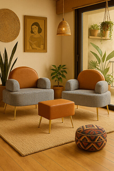 Zem Petra Çay Seti Siyah Kazayağı/taba Deri (2 ADET TEKLİ BERJER 1 ADET PUF)