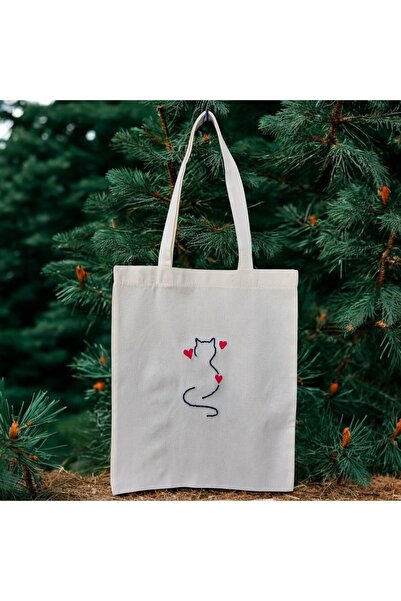 GIHANDMADE Durable Fabric Shoulder Bag with Cat Figure on Handmade Black Hear...