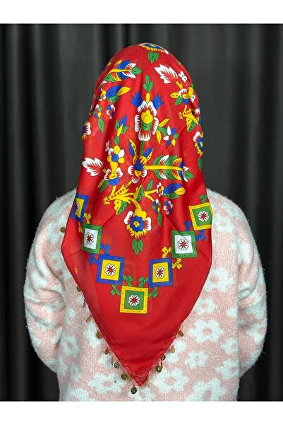 Sobe Hediyelik Çengelköy Patterned Red Sequin Writing – Ethnic Floral Headscarf for Dowry and Everyday Use