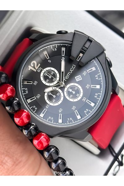 Ferrucci Red Silicone Cord, Large Case (56mm) Sports Model Men's Wrist Watch with Calendar + Bracelet