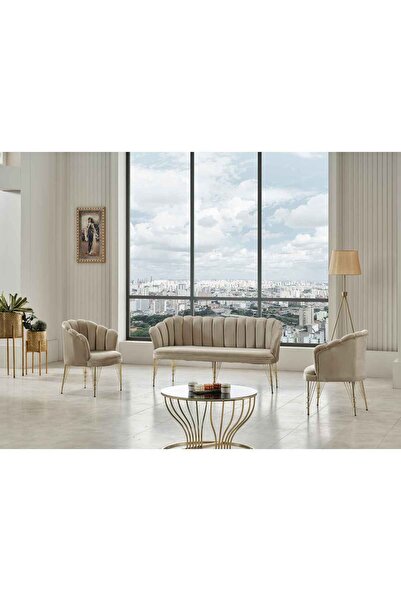 GARDEN HOUSE Vizon Kumaş Gold Metal Ayaklı Çay Seti Koltuk Takımı Balkon Büro Bekleme Ofis Koltuk Takımı 3 1 1
