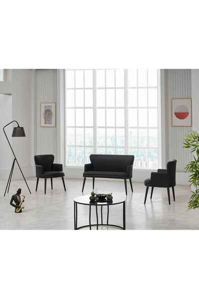 GARDEN HOUSE Desensiz Siyah Deri Siyah Ahşap Ayak Ofis Koltuk Takımı Büro Bek...