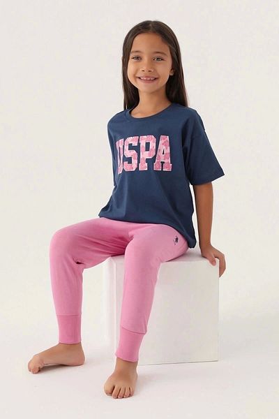 U.S. Polo Assn. Set de pijamale pentru fete, cu licență US Polo Assn, text floral, Indigo închis