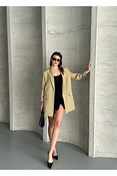 aytenli Oversize Double Leopar Astarlı Düğmesiz Cepli Uzun Blazer Ceket