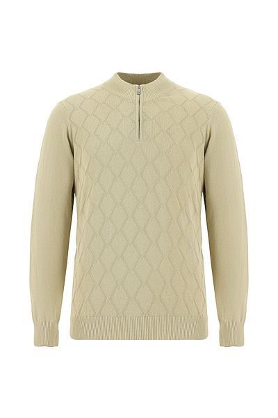 Abdullah Kiğılı Bato Collar Regular Fit Zippered Patterned Cotton Cashmere Knitwear Sweater