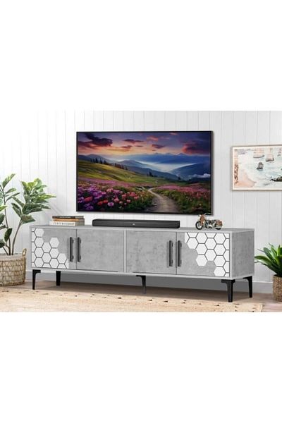 Generic 160 cm TV Table with 2 Drawers, Malaysian Wood, Fixed Base, Gray