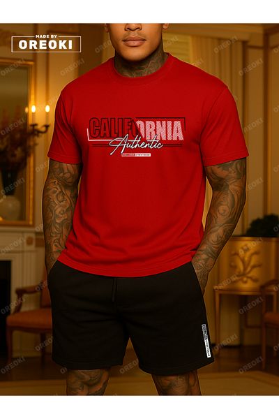 EFFRENATU California Authentic Printed Cotton Fabric Men's Red T-Shirt-Black Shorts Set
