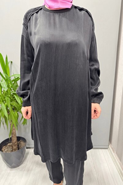 MissWhence Satin Silk Tunic Pants Set Anthracite 37017