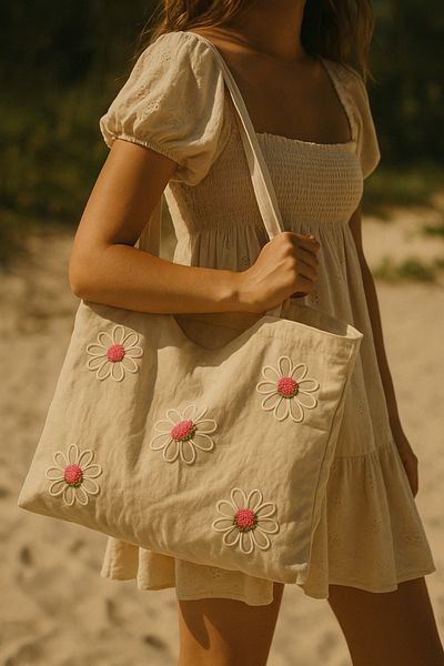 Rell Home Pink Daisy Patterned Punch Embroidered Summer Bag Beach Bag 45X32 cm