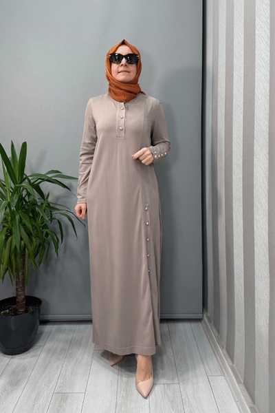 MISS DALIDA Stand Collar Button Detail Dress Mink T25Y-4023