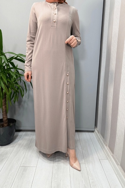 MISS DALIDA Stand Collar Button Detail Dress Mink T25Y-4023