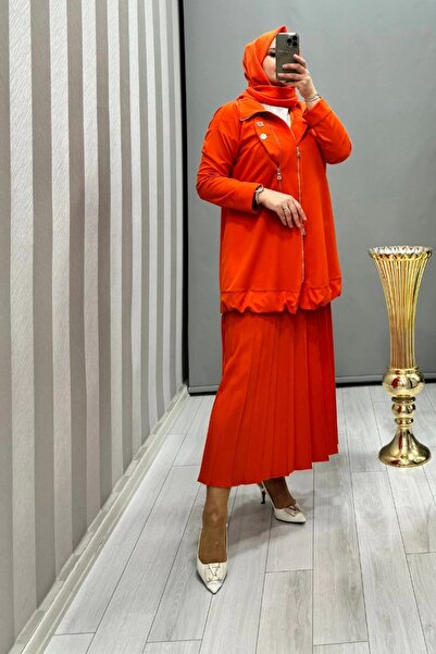 MissWhence Orange Pleated Skirt - 35913