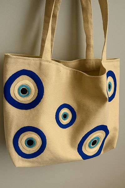 Rell Home Evil Eye Bead Patterned Punch Embroidered Summer Beach Bag 45 X 32 cm