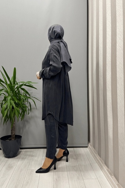 MissWhence Satin Silk Tunic Pants Set Anthracite 37017