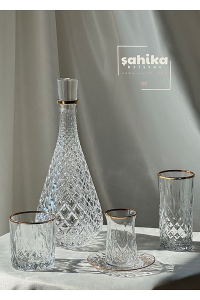 Şahika Kristal cama atılan imza Lara Gold 25 Piece Crystal Glass Cup Set for 6 Persons Dowry Set