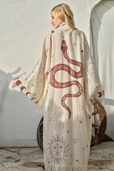 FASHION COCKTAIL Bohemian Seaside Kimono - Snake Astrology and Tasseled Star Map, Natural Fabric