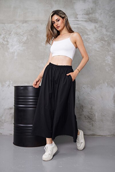 Gülmude Uzun Beli Lastikli Etek Fleto Cepli İç Göstermez Poplin Kumaş Mevsimlik Etek (90CM)