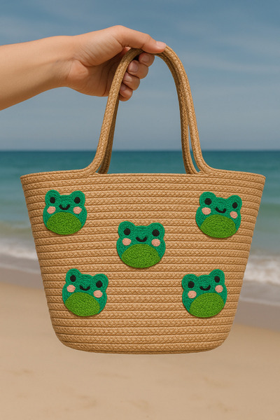 Rell Home Καλοκαιρινή τσάντα παραλίας από γιούτα με μοτίβο βάτραχου 40x25 εκ.