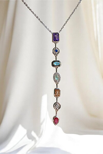 Diamara Designs Renkli Taşlı Gümüş Renk Y Kolye Çelik