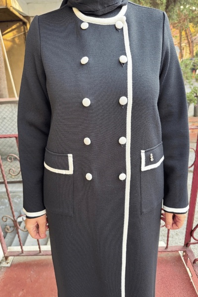 MISS DALIDA Long Cardigan with Two Pockets Color Stripe Black T25K-9004