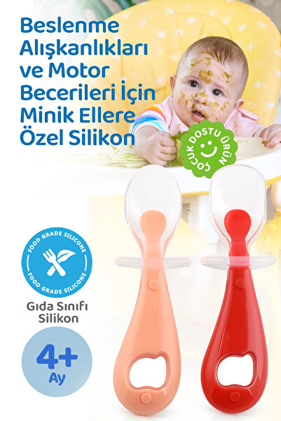 Guqqo Silikon Bebek Mama Kaşık Seti, Diş Kaşıyıcı, 2 Li Set, Kırmızı Pembe