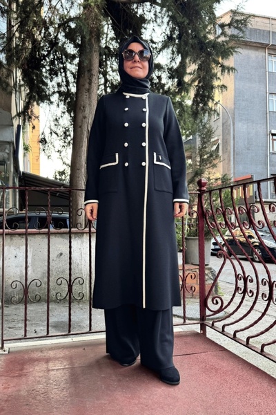 MISS DALIDA Long Cardigan with Two Pockets Color Stripe Black T25K-9004