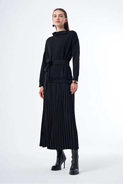 MissWhence Black Pleated Knitwear Dress - 36813