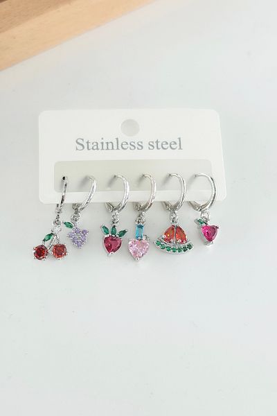 By Zeyna Aksesuar Women's Vip Series Zircon Stone 6-Piece Fruit Earring Set