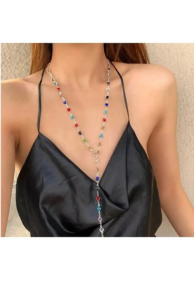 SE Jewellery Colorful Paris World Y Shaped Stylish Women's Necklace (Stainless Steel Silver Color Chain)