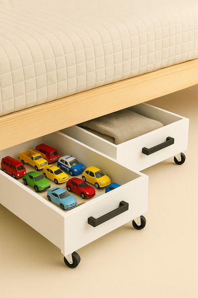 MARMAWOOD Tekerlekli Baza Altı Organizer Kutusu – Beyaz Mdf, Metal Kulp, 59x35x12 Cm 1 Adet