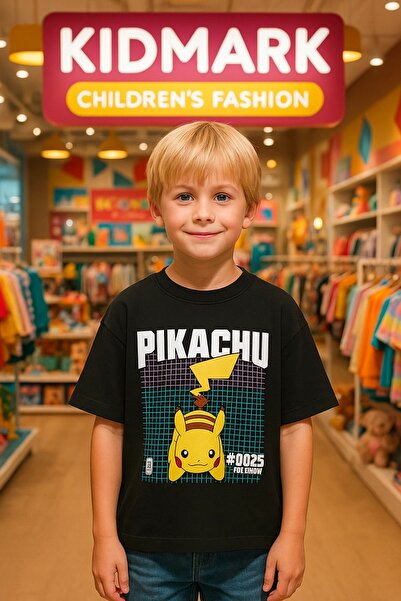 Kidmark Çocuk Modası تي شيرت أسود مطبوع من القطن بنسبة 100% للأطفال من بيكاتشو