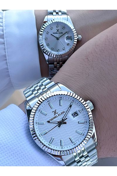Daniel Klein 30 Mt Water Resistant Silver Calendar Paddy Band Custom Wristwatch for Couples