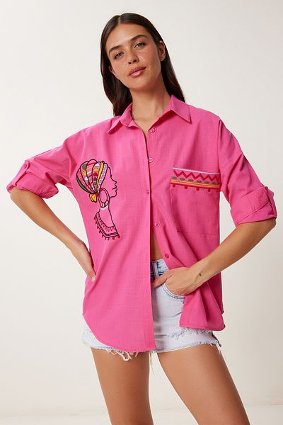Lovelyİstanbul Cămașă oversize din in - Detaliu broderie, ROZ LDE0007