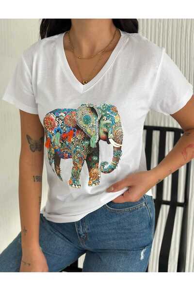 REMENY Λευκό βαμβακερό μπλουζάκι με λαιμόκοψη σε χρώμα V με κέντημα μεγάλου μ...