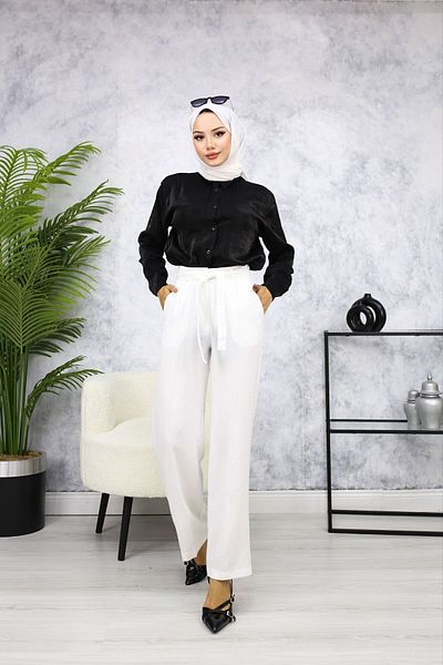 HANIMCA GİYİM Full Summer Linen Trousers - Belt Detailed