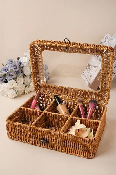 AVANTAGE HOME Mathilda - Rattan 6 Compartment Storage Box with Lid, Organizer, Organizer, Jewelry Box