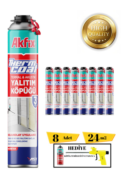 Akfix Thermcoat Poliüretan Termal Isı Ve Ses Yalıtım Sprey Köpük 8 Ad. Tabanca Ve Temizleyici Hediye