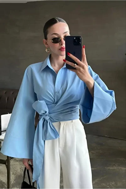 Safgiyim44 Waist-Tie Asymmetrical Shirt Baby Blue