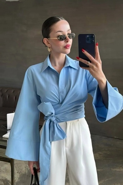 Safgiyim44 Waist-Tie Asymmetrical Shirt Baby Blue
