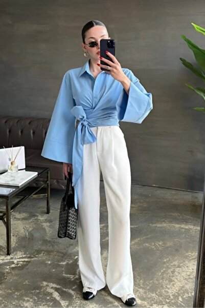 Safgiyim44 Waist-Tie Asymmetrical Shirt Baby Blue