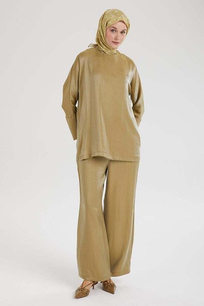 Armine TREND New Season Spanish Sleeve Shiny Tunic and Elastic Waist Fabric Pants Top and Bottom Set