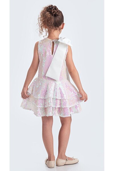 Mnk Baby&Kids Collar Bow Sparkly Sequin Fabric Girls' Evening Dress M00702 Ecru