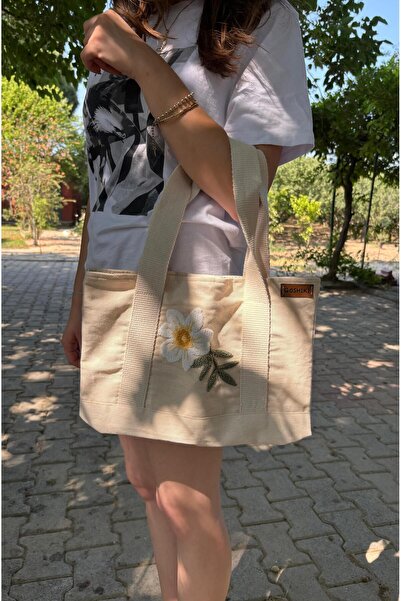 Goshıkı El Yapımı Çiçek Desenli Keten Omuz Çantası (Beyaz) 26 X 36