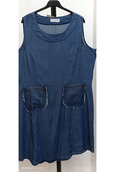AKŞEN GİYİM BLANCI DE DENIM DENIM Buzunare din țesătură de denim, cu detaliu de piatră, cusături murdare, rochie scurtă de blugi