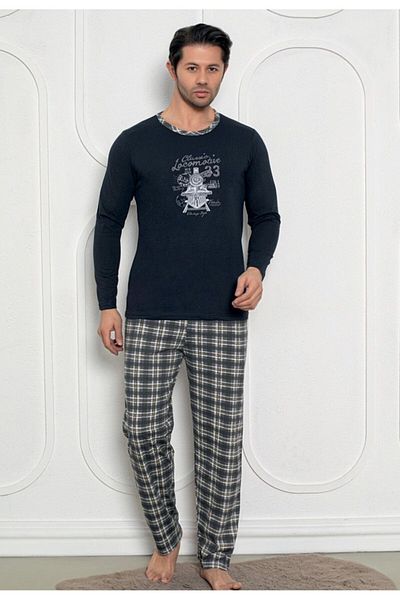 SRN Pijama Bărbați Bleumarin cu Design Locomotive – Mâneci Lungi și Pantaloni Lungi