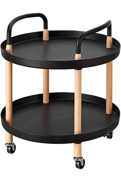 Lawazim 2-tier Round Side Table – Black End Table With Wheels & Handles For Living Room Or Bedroom